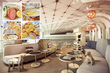 香港航空在香港國際機場設有兩間 VIP 商務貴賓室，旅客可品嚐聞名全球的香港地道美食，例如雞蛋仔、豆腐花、絲襪奶茶、「一盅兩件」盅頭飯、現場即煮車仔麵等。